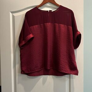 Beautiful burgundy blouse with sheer upper and silky bottom